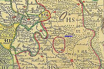 Mapa ksistwa ary-Trzebiel z 1745r z zaznaczonym Bieniowem.