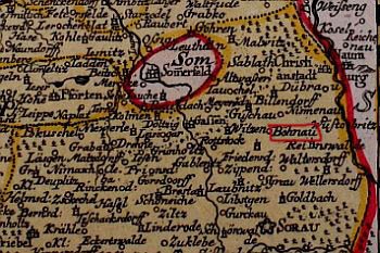 Mapa Nider Lausitz z 1750r z miejscowosci Bieniw.